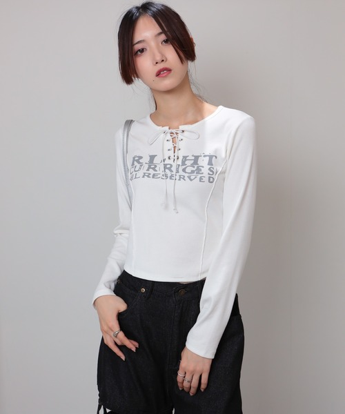 pumpkin port(パンプキンポート)の「ロゴプリント ハトメ&スピンドルリボン テレコロンT(Tシャツ/カットソー・レディース・ベージュ/グレー/ブラック/ワインレッド/ブラウン/ホワイト・M)」の10枚目の写真