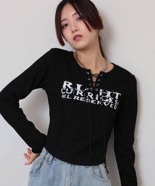 pumpkin port(パンプキンポート)の「ロゴプリント ハトメ&スピンドルリボン テレコロンT(Tシャツ/カットソー・レディース・ベージュ/グレー/ブラック/ワインレッド/ブラウン/ホワイト・M)」の15枚目の写真