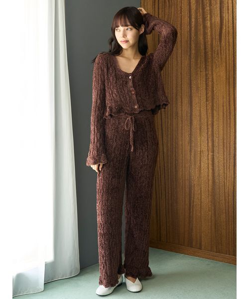 【新品】ジェラートピケ　ルームウェア　上下セット　ケーブル編み　フリーサイズ　茶 セール】フェザー柄編みロングパンツ（ルームウェア/パジャマ