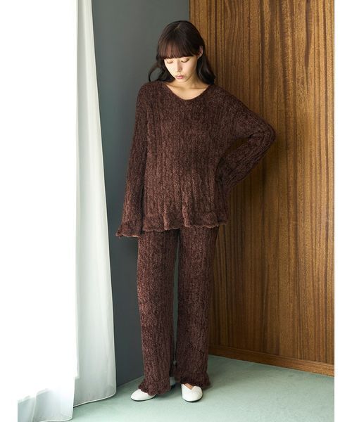 【新品】ジェラートピケ　ルームウェア　上下セット　ケーブル編み　フリーサイズ　茶 セール】フェザー柄編みロングパンツ（ルームウェア/パジャマ