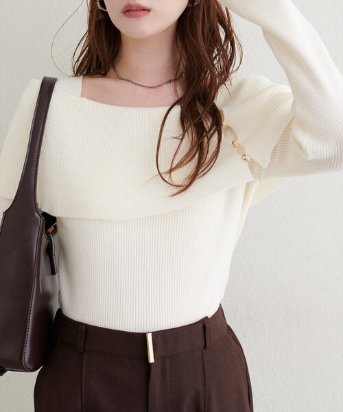 natural couture（ナチュラルクチュール）の「オフショルデザインニット（ニット/セーター・レディース・ブラウン/アイボリー/グレイッシュベージュ/ブラック・FREE）」の5枚目の写真