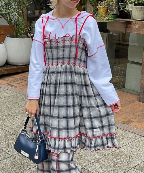 HELLO.SANFRANCISCO（ハローサンフランシスコ）の「【HELLO.SANFRANCISCO/ハローサンフランシスコ】チェックベロアシャーリングチュニック（チュニック・レディース・オレンジ/ベージュ/ブルー/グレー・ONE SIZE）」の2枚目の写真