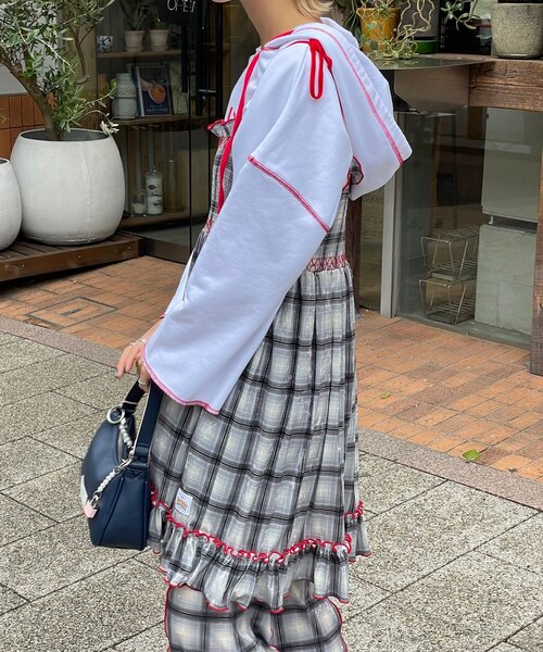 HELLO.SANFRANCISCO（ハローサンフランシスコ）の「【HELLO.SANFRANCISCO/ハローサンフランシスコ】チェックベロアシャーリングチュニック（チュニック・レディース・オレンジ/ベージュ/ブルー/グレー・ONE SIZE）」の6枚目の写真