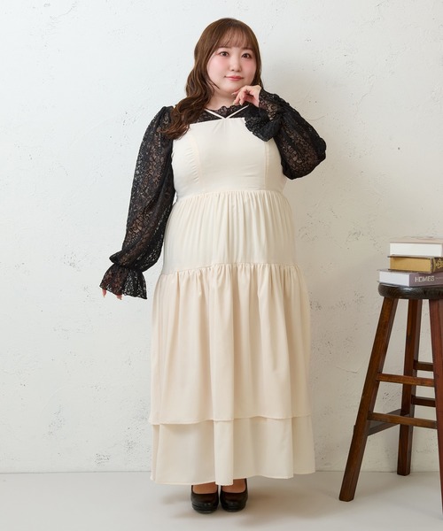 Louiosy（ルオシー）の「【大きいサイズ】2段フリルティアードキャミワンピ ース（ワンピース・レディース・ブラック/アイボリー・X-LARGE/4L/3L）」の2枚目の写真