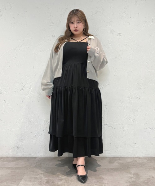 Louiosy（ルオシー）の「【大きいサイズ】2段フリルティアードキャミワンピ ース（ワンピース・レディース・ブラック/アイボリー・X-LARGE/4L/3L）」の4枚目の写真