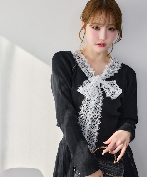レース襟配色ニットセットアップ（セットアップ）｜one after another