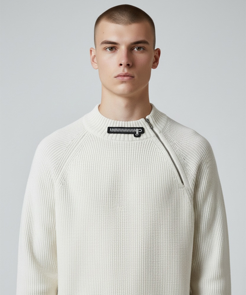 Muted Asymmetric Zip Rib Knit (Ivory)