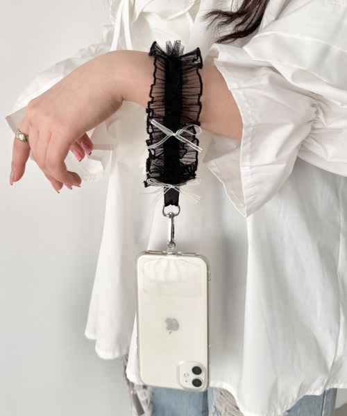 セール】フリルチュールリボンスマホストラップ（スマホグッズ