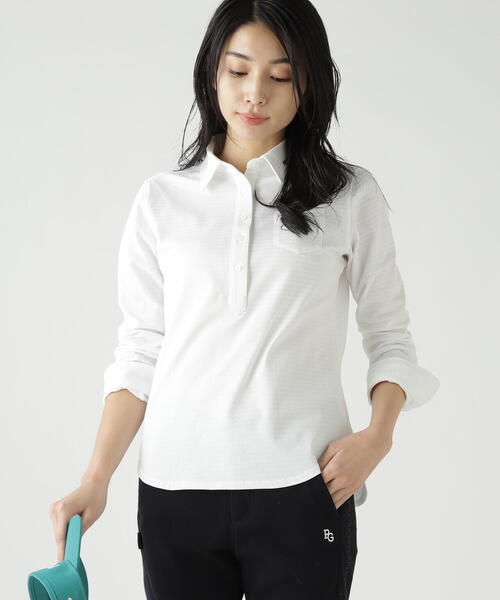 PEARLY GATES(パーリーゲイツ)の「【PEARLY GATES】SPXダイヤ柄鹿の子長袖プルオーバーカットソー(ポロシャツ・レディース・ホワイト/ネイビー・SMALL/MEDIUM)」の9枚目の写真