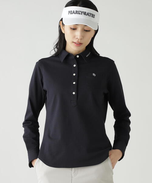 PEARLY GATES(パーリーゲイツ)の「【PEARLY GATES】SPXダイヤ柄鹿の子長袖プルオーバーカットソー(ポロシャツ・レディース・ホワイト/ネイビー・SMALL/MEDIUM)」の2枚目の写真