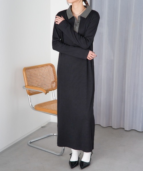 TRIANGLE PALETTE（トライアングルパレット）の「ポロ襟配色 リブロングワンピース（シャツワンピース・レディース・ブラック/グレー/ネイビー・FREE）」の2枚目の写真