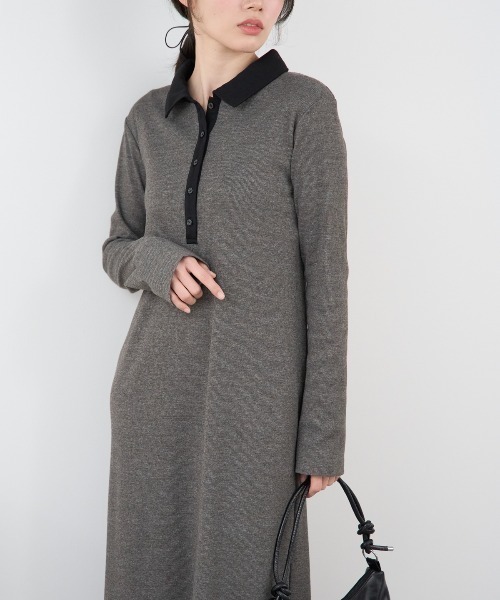 TRIANGLE PALETTE（トライアングルパレット）の「ポロ襟配色 リブロングワンピース（シャツワンピース・レディース・ブラック/グレー/ネイビー・FREE）」の4枚目の写真