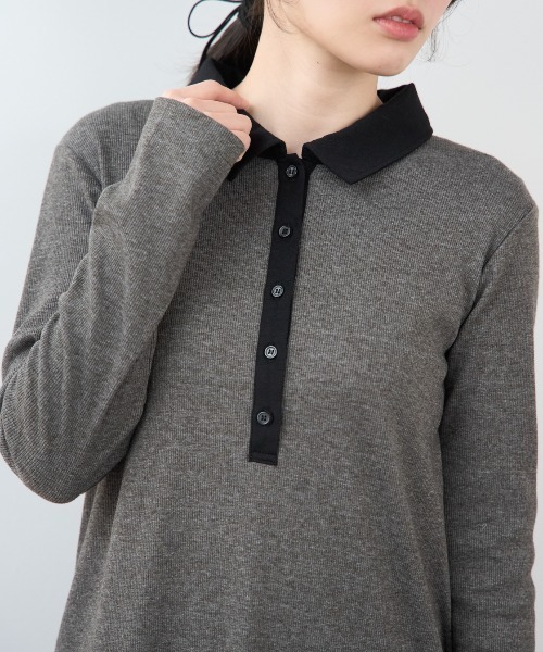 TRIANGLE PALETTE（トライアングルパレット）の「ポロ襟配色 リブロングワンピース（シャツワンピース・レディース・ブラック/グレー/ネイビー・FREE）」の6枚目の写真