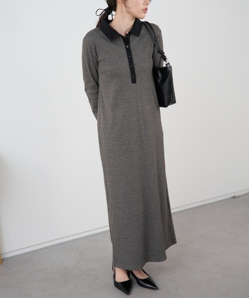 TRIANGLE PALETTE（トライアングルパレット）の「ポロ襟配色 リブロングワンピース（シャツワンピース・レディース・ブラック/グレー/ネイビー・FREE）」の8枚目の写真