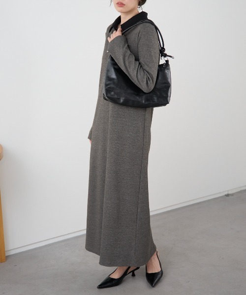 TRIANGLE PALETTE（トライアングルパレット）の「ポロ襟配色 リブロングワンピース（シャツワンピース・レディース・ブラック/グレー/ネイビー・FREE）」の9枚目の写真