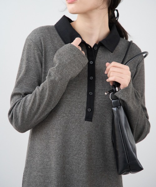 TRIANGLE PALETTE（トライアングルパレット）の「ポロ襟配色 リブロングワンピース（シャツワンピース・レディース・ブラック/グレー/ネイビー・FREE）」の7枚目の写真