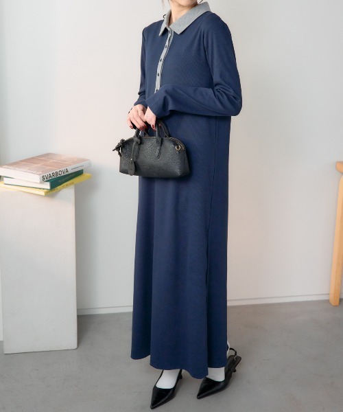 TRIANGLE PALETTE（トライアングルパレット）の「ポロ襟配色 リブロングワンピース（シャツワンピース・レディース・ブラック/グレー/ネイビー・FREE）」の19枚目の写真