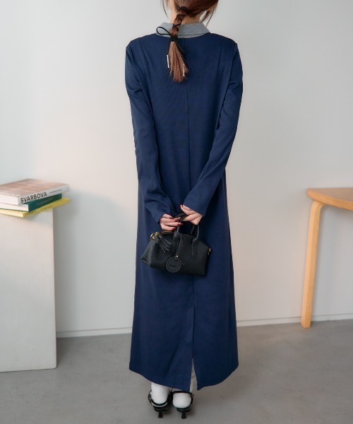 TRIANGLE PALETTE（トライアングルパレット）の「ポロ襟配色 リブロングワンピース（シャツワンピース・レディース・ブラック/グレー/ネイビー・FREE）」の21枚目の写真