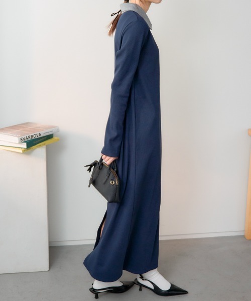 TRIANGLE PALETTE（トライアングルパレット）の「ポロ襟配色 リブロングワンピース（シャツワンピース・レディース・ブラック/グレー/ネイビー・FREE）」の22枚目の写真