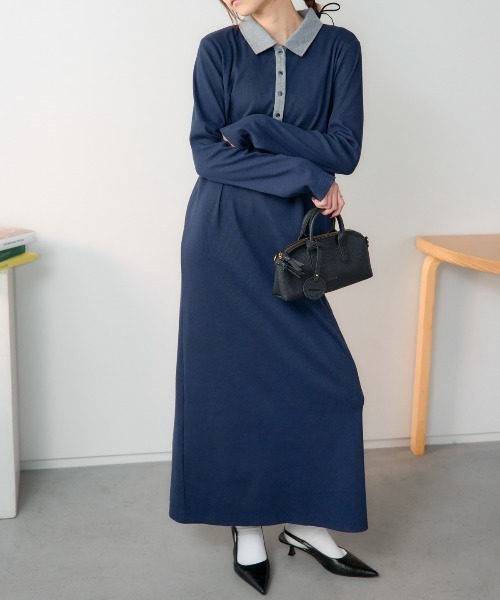 TRIANGLE PALETTE（トライアングルパレット）の「ポロ襟配色 リブロングワンピース（シャツワンピース・レディース・ブラック/グレー/ネイビー・FREE）」の16枚目の写真