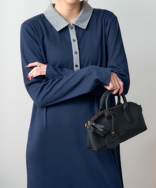 TRIANGLE PALETTE（トライアングルパレット）の「ポロ襟配色 リブロングワンピース（シャツワンピース・レディース・ブラック/グレー/ネイビー・FREE）」の13枚目の写真