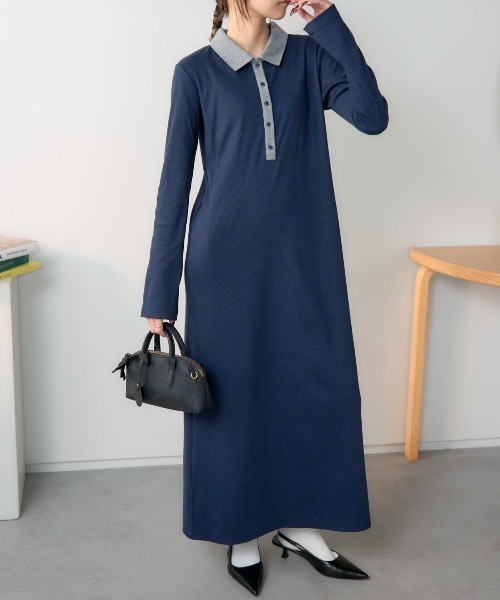 TRIANGLE PALETTE（トライアングルパレット）の「ポロ襟配色 リブロングワンピース（シャツワンピース・レディース・ブラック/グレー/ネイビー・FREE）」の17枚目の写真