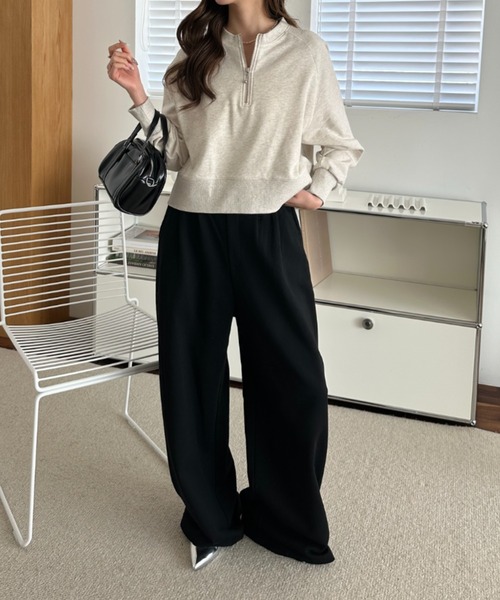 umune（ウムネ）の「スウェット プルオーバー 長袖 ハーフジップ スタンドカラー 裏毛 リブ切替 スポーティー ストリート カジュアル トップス 秋 冬（スウェット・レディース・ブルーグレー/スモークピンク/オートミール・FREE）」の18枚目の写真