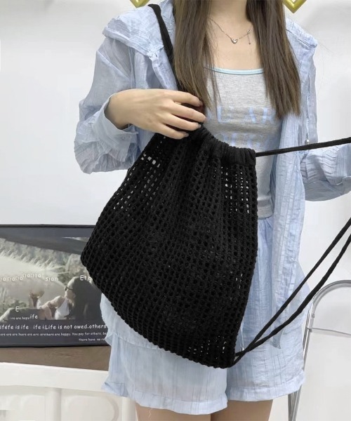Miniministore（ミニミニストア）の「メッシュリュックサックニットナップサック（バックパック/リュック・レディース・ピンク/アイボリー/ブラック/ベージュ・FREE）」の3枚目の写真