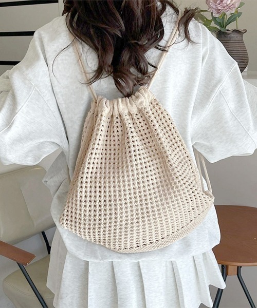 Miniministore（ミニミニストア）の「メッシュリュックサックニットナップサック（バックパック/リュック・レディース・ピンク/アイボリー/ブラック/ベージュ・FREE）」の5枚目の写真