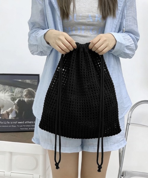 Miniministore（ミニミニストア）の「メッシュリュックサックニットナップサック（バックパック/リュック・レディース・ピンク/アイボリー/ブラック/ベージュ・FREE）」の9枚目の写真