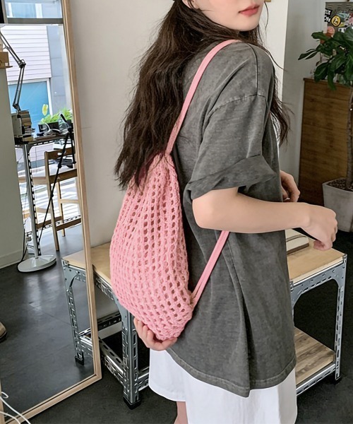 Miniministore（ミニミニストア）の「メッシュリュックサックニットナップサック（バックパック/リュック・レディース・ピンク/アイボリー/ブラック/ベージュ・FREE）」の12枚目の写真