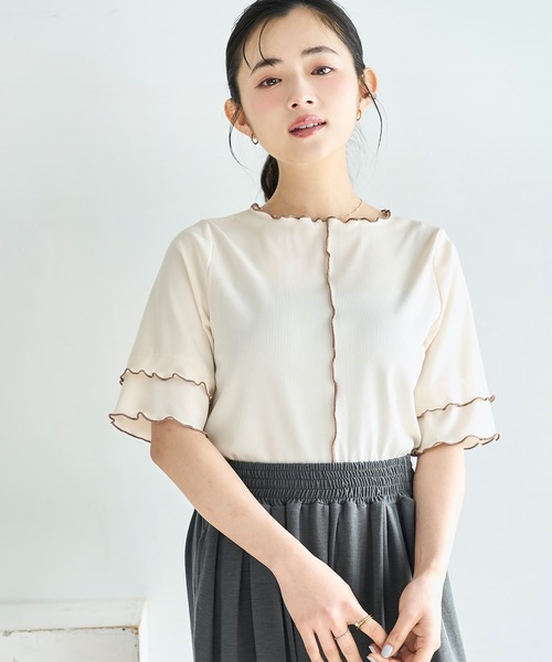 mil(ミル)の「【人気・再販】 前後2way 配色メロウ半袖 トップス / リブTシャツ 五分袖 【587095】(Tシャツ/カットソー・レディース・ブラウン/ブラック/アイボリー・ONE SIZE)」の2枚目の写真