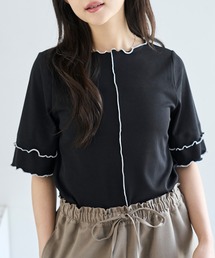 mil | 【人気・再販】 前後2way 配色メロウ半袖 トップス / リブTシャツ 五分袖 【587095】(Tシャツ/カットソー)