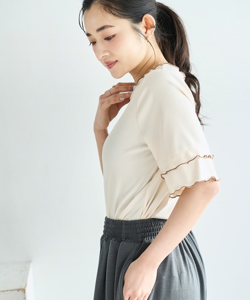 mil(ミル)の「【人気・再販】 前後2way 配色メロウ半袖 トップス / リブTシャツ 五分袖 【587095】(Tシャツ/カットソー・レディース・ブラウン/ブラック/アイボリー・ONE SIZE)」の9枚目の写真