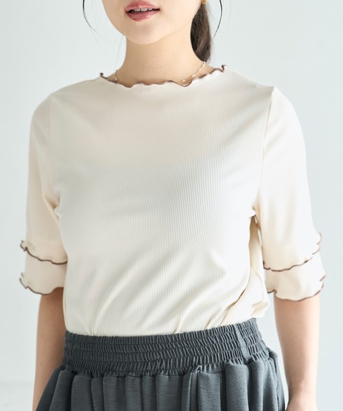 mil(ミル)の「【人気・再販】 前後2way 配色メロウ半袖 トップス / リブTシャツ 五分袖 【587095】(Tシャツ/カットソー・レディース・ブラウン/ブラック/アイボリー・ONE SIZE)」の10枚目の写真