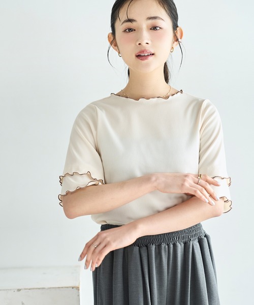 mil(ミル)の「【人気・再販】 前後2way 配色メロウ半袖 トップス / リブTシャツ 五分袖 【587095】(Tシャツ/カットソー・レディース・ブラウン/ブラック/アイボリー・ONE SIZE)」の4枚目の写真