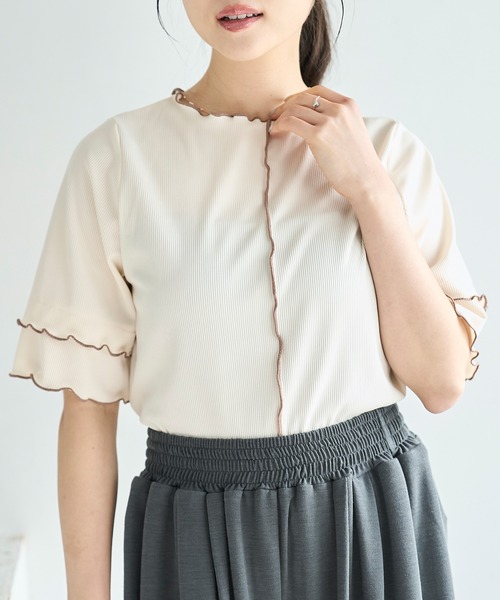 mil(ミル)の「【人気・再販】 前後2way 配色メロウ半袖 トップス / リブTシャツ 五分袖 【587095】(Tシャツ/カットソー・レディース・ブラウン/ブラック/アイボリー・ONE SIZE)」の13枚目の写真