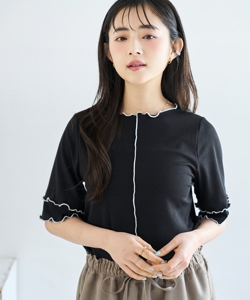 mil(ミル)の「【人気・再販】 前後2way 配色メロウ半袖 トップス / リブTシャツ 五分袖 【587095】(Tシャツ/カットソー・レディース・ブラウン/ブラック/アイボリー・ONE SIZE)」の18枚目の写真