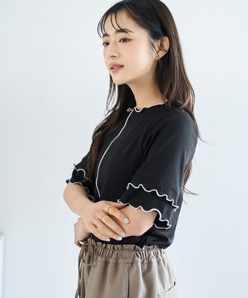 mil(ミル)の「【人気・再販】 前後2way 配色メロウ半袖 トップス / リブTシャツ 五分袖 【587095】(Tシャツ/カットソー・レディース・ブラウン/ブラック/アイボリー・ONE SIZE)」の19枚目の写真