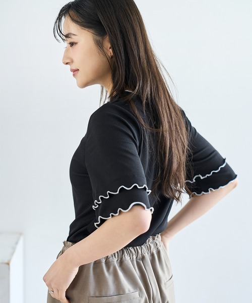 mil(ミル)の「【人気・再販】 前後2way 配色メロウ半袖 トップス / リブTシャツ 五分袖 【587095】(Tシャツ/カットソー・レディース・ブラウン/ブラック/アイボリー・ONE SIZE)」の20枚目の写真