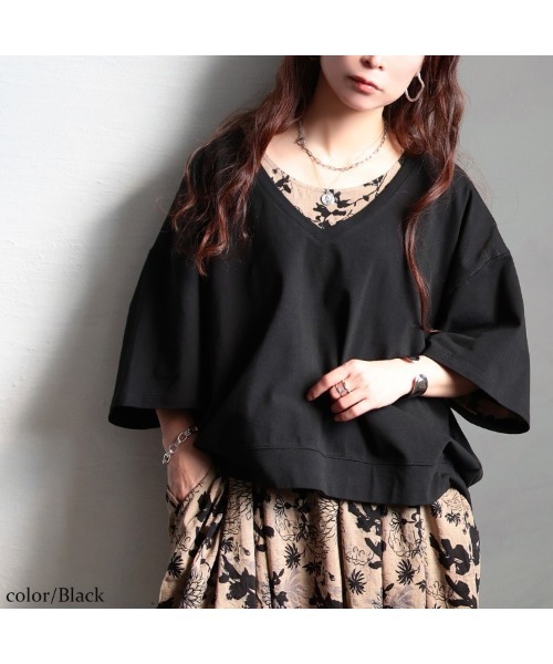GOLDJAPAN(ゴールドジャパン)の「深Vネッククロップド丈プルオーバー【大きいサイズ対応】(Tシャツ/カットソー・レディース・ブラック/チャコールグレー/グレー/ネイビー・4L~5L/LL~3L)」の11枚目の写真