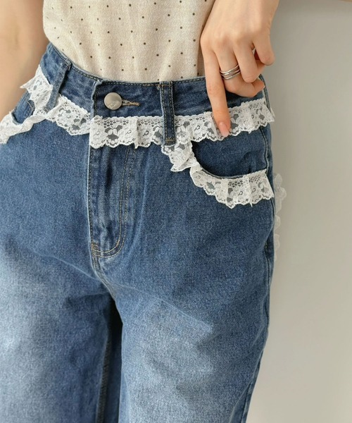 Jewelobe(ジュエローブ)の「レースデザインデニムハーフパンツ(デニムパンツ・レディース・ブルー・M/S)」の3枚目の写真