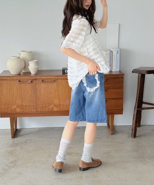 Jewelobe(ジュエローブ)の「レースデザインデニムハーフパンツ(デニムパンツ・レディース・ブルー・M/S)」の9枚目の写真