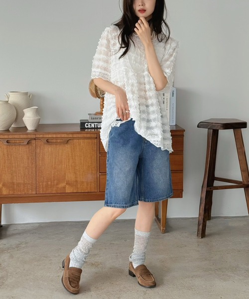 Jewelobe(ジュエローブ)の「レースデザインデニムハーフパンツ(デニムパンツ・レディース・ブルー・M/S)」の11枚目の写真