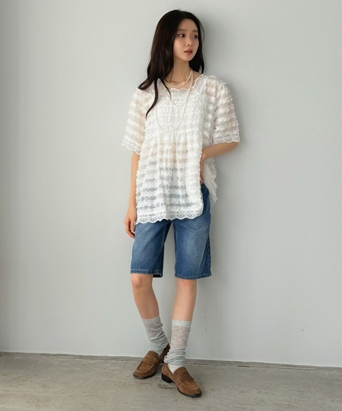 Jewelobe(ジュエローブ)の「レースデザインデニムハーフパンツ(デニムパンツ・レディース・ブルー・M/S)」の12枚目の写真