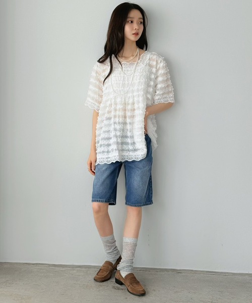 Jewelobe(ジュエローブ)の「レースデザインデニムハーフパンツ(デニムパンツ・レディース・ブルー・M/S)」の14枚目の写真