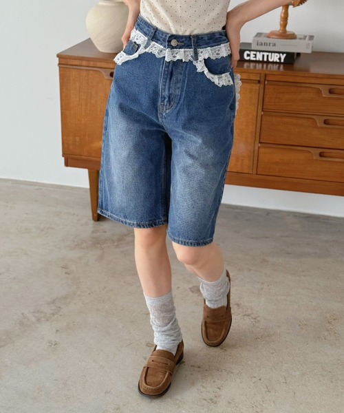 Jewelobe(ジュエローブ)の「レースデザインデニムハーフパンツ(デニムパンツ・レディース・ブルー・M/S)」の16枚目の写真