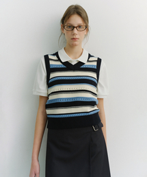 UNISEX CRAFTED STRIPED KNIT VEST_UDSW6B123_NAVY / CREAM