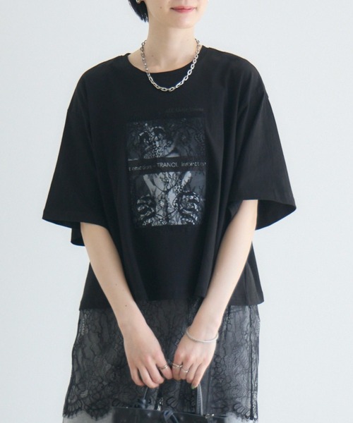 Paradise Picnic(パラダイスピクニック)の「TRANOI. レースワイドTシャツ(Tシャツ/カットソー・レディース・ブラック/ホワイト・FREE)」の2枚目の写真