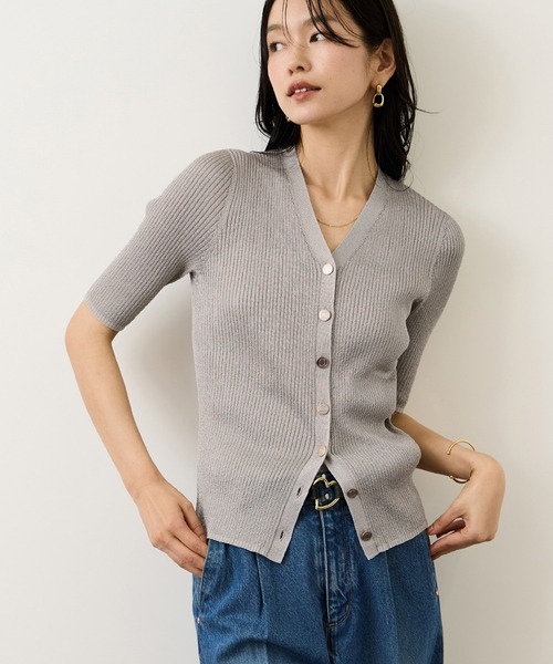 ROPE'(ロペ)の「シアーラメワイドリブ5分袖カーディガン/イージーケア(カーディガン/ボレロ・レディース・ネイビー/ベージュ/ピンク/ライトグレー・FREE)」の1枚目の写真